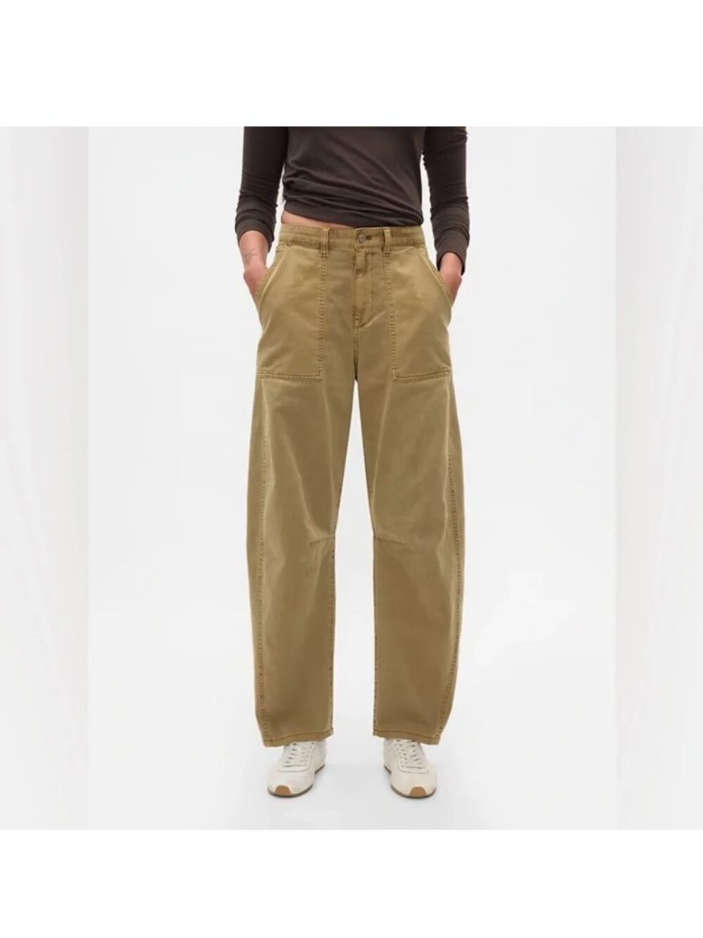 GAP Mid Rise Twill Barrel Leg Utility Chino Pants Patch Pockets Brown Size: 18